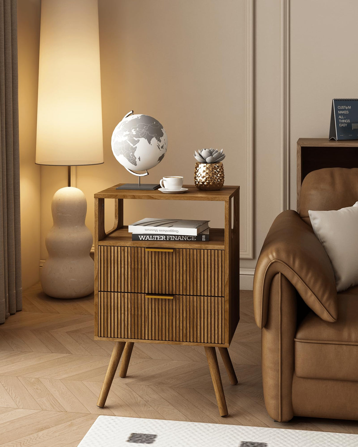 Leomonio Nightstand,Modern Bedside Table with 2 Storage Drawer and Open Wood Shelf, for Bedroom and Small Spaces,Night Stand with Solid Wood Legs,Walnut Brown Leomonio