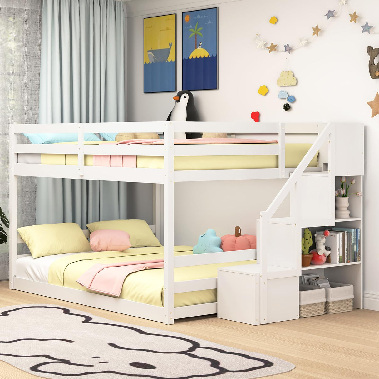 KOMFOTT Wood Full Over Full Low Bunk Bed with Storage Staircase, Wooden Bunk Bed Frame with Full-Length Guardrails, Low Profile Kids Bed with Slats Support, No Box Spring Needed KOMFOTT