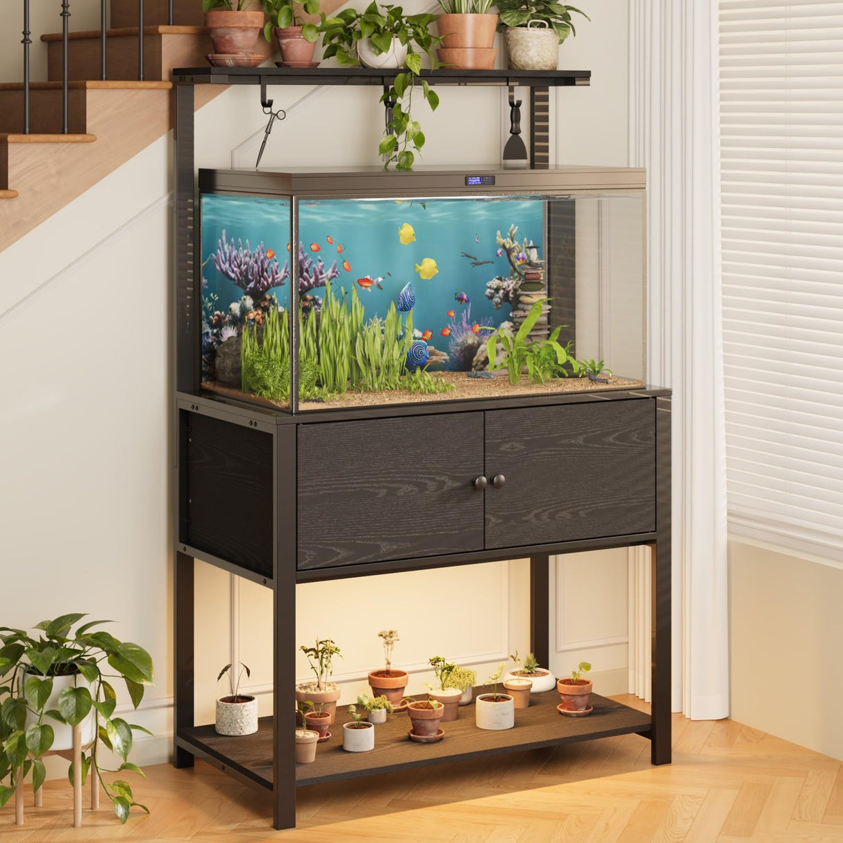 Fienveorn 40-50 Gallon Fish Tank Stand with LED Light Power Outlets,Heavy Duty Metal Aquarium Stand with Storage Shelf and Moveable Hooks,Turtle Reptile Terrariums Stand,Black Halitaa