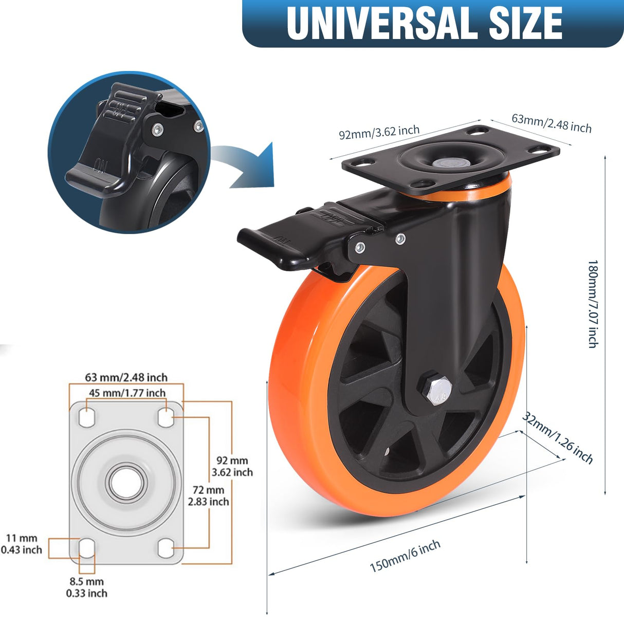 6 Inch Caster Wheels 3000 Lbs, Heavy Duty Casters Set of 4 with Brake, Safety Dual Plate Locking Industrial Casters, Silent Wheels for Cart with Polyurethane Foam (Two Hardware Kits Included) ENYKE