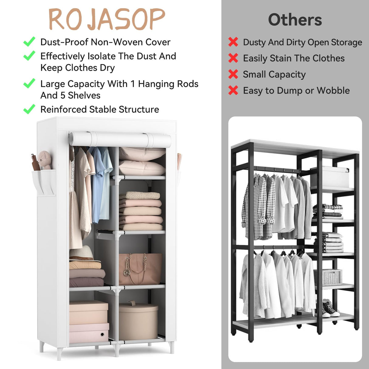 ROJASOP Portable Closet Wardrobe Closet for Hanging Clothes with 6 Storage Shelves, 1 Hanging Rod and 4 Pockets, Clothes Organizer and Storage Wardrobe Free Standing Closet for Bedroom, White ROJASOP