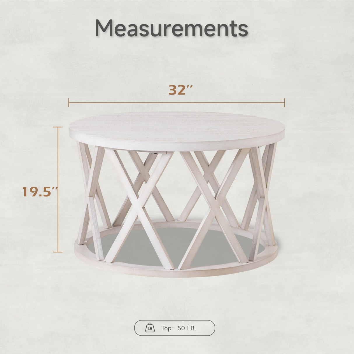 COZAYH Farmhouse Coffee Table, Rustic Round Coffee Table with X-Motifs Legs, Wood Textured Top, for Boho, French Country Decor, Antique White COZAYH