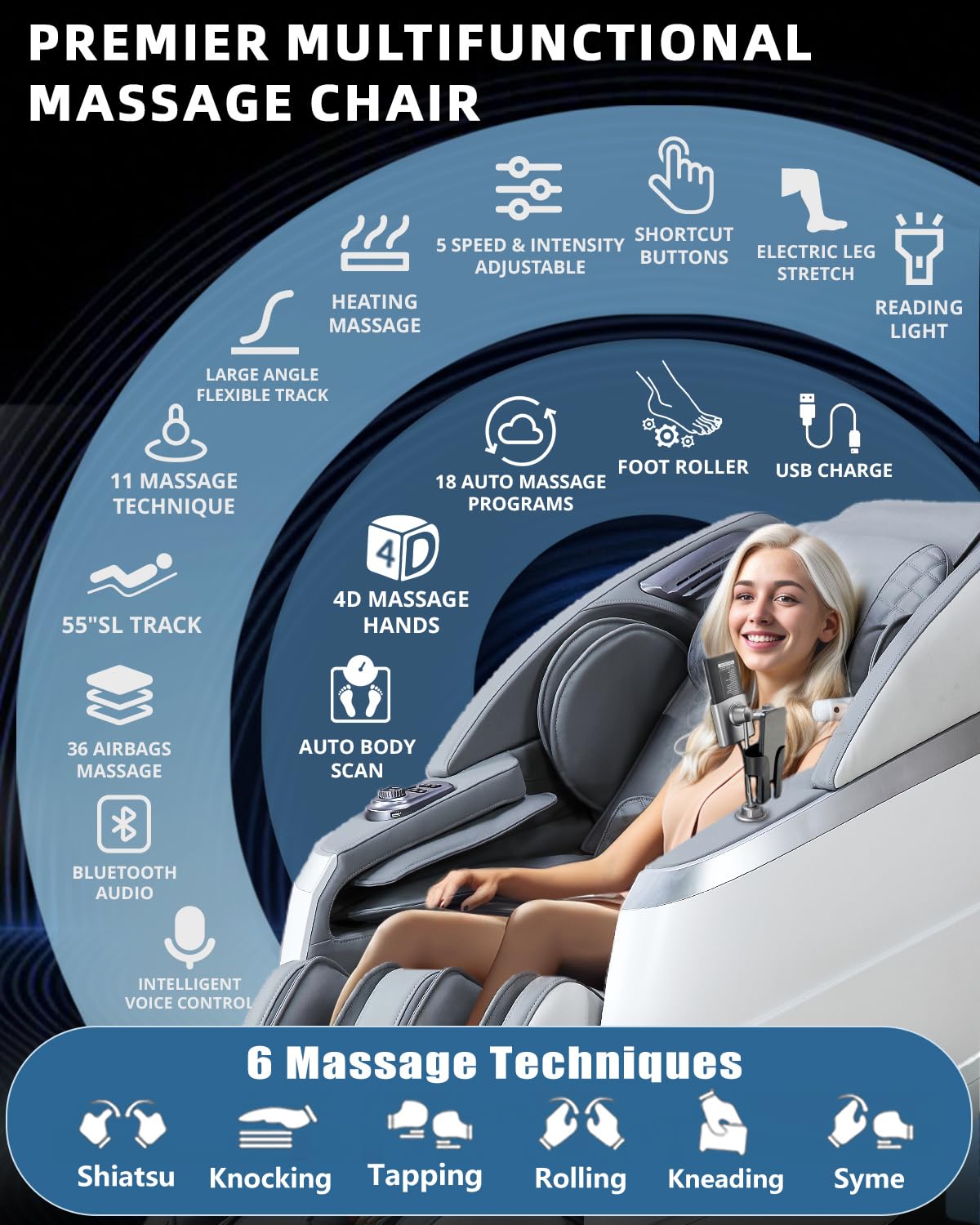 RelaxRelife 4D Full Body Massage Chair with Flexible 166° Track, Reading Light, 18 Massage Modes, 11 Techniques, 36 Airbags, Zero Gravity Recliner with Yoga Stretch and Foot Massage Grey RelaxRelife