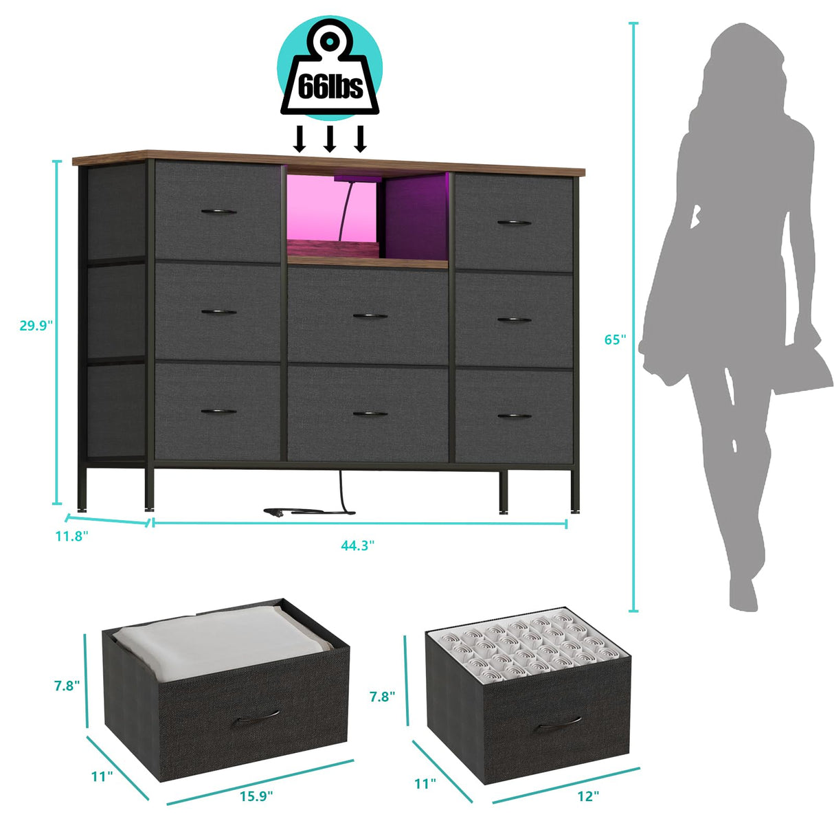 VASICAR Black Dresser with LED Lights & Power Outlets, Dresser TV Stand with 8 Drawers for 55" TV, Fabric Chest of Drawers for Bedroom, Living Room, Entryway VASICAR