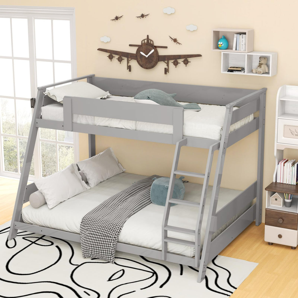 KOMFOTT Wood Twin Over Full Bunk Bed with Reversible Ladder, Wood Bunk Bed Frame with Slats Support & Safety Guardrails, Low Convertible Bunk Bed for Teens, Adults, No Box Spring Needed (Grey) KOMFOTT