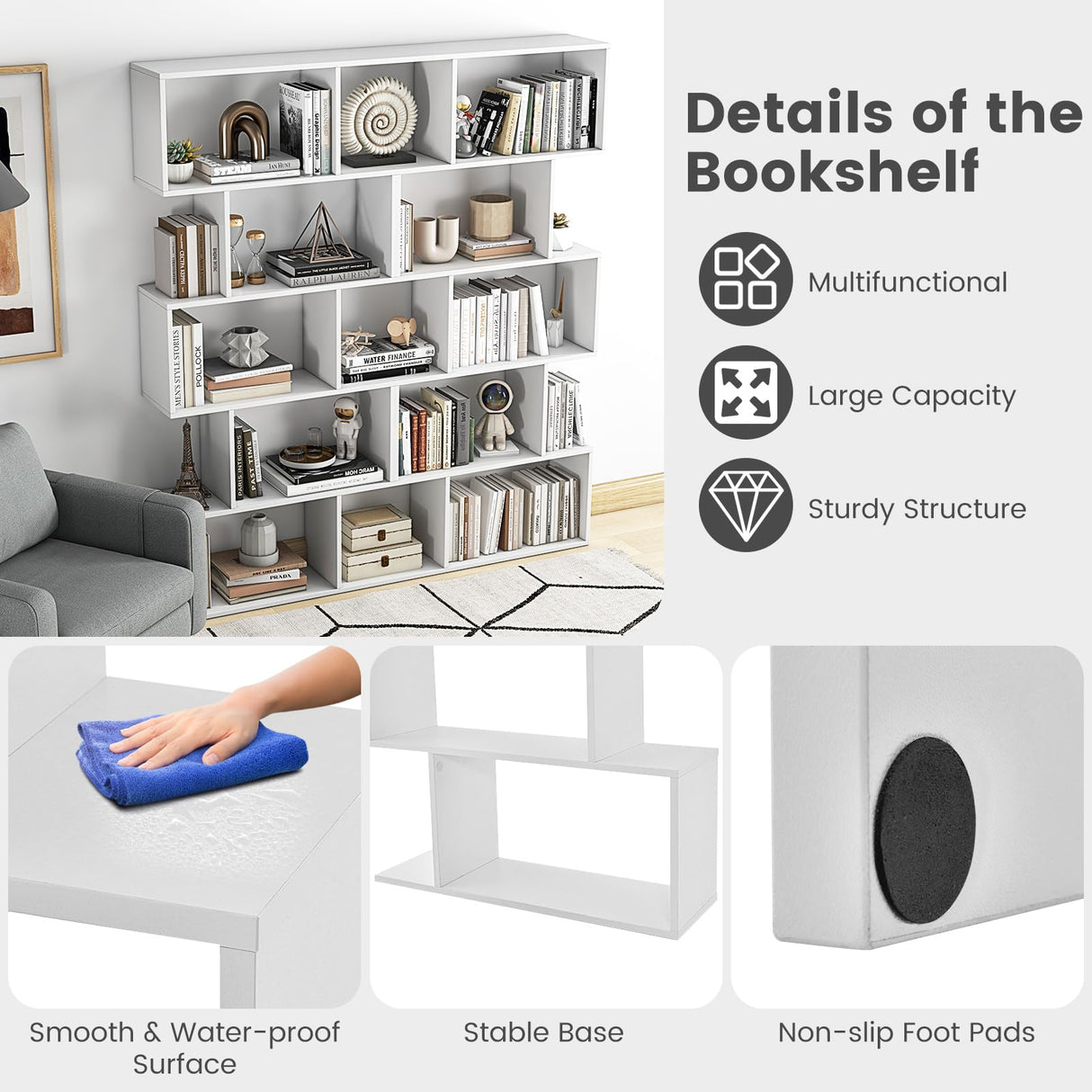 Byroce 5-Tier Geometric Bookcase Set of 2, 62.5” Freestanding Room Divider Bookshelf with Open Display Shelves & Anti-tip Device, Wood S-Shaped Storage Organizer for Living Room, Bedroom & Home Office WoodArtSupply
