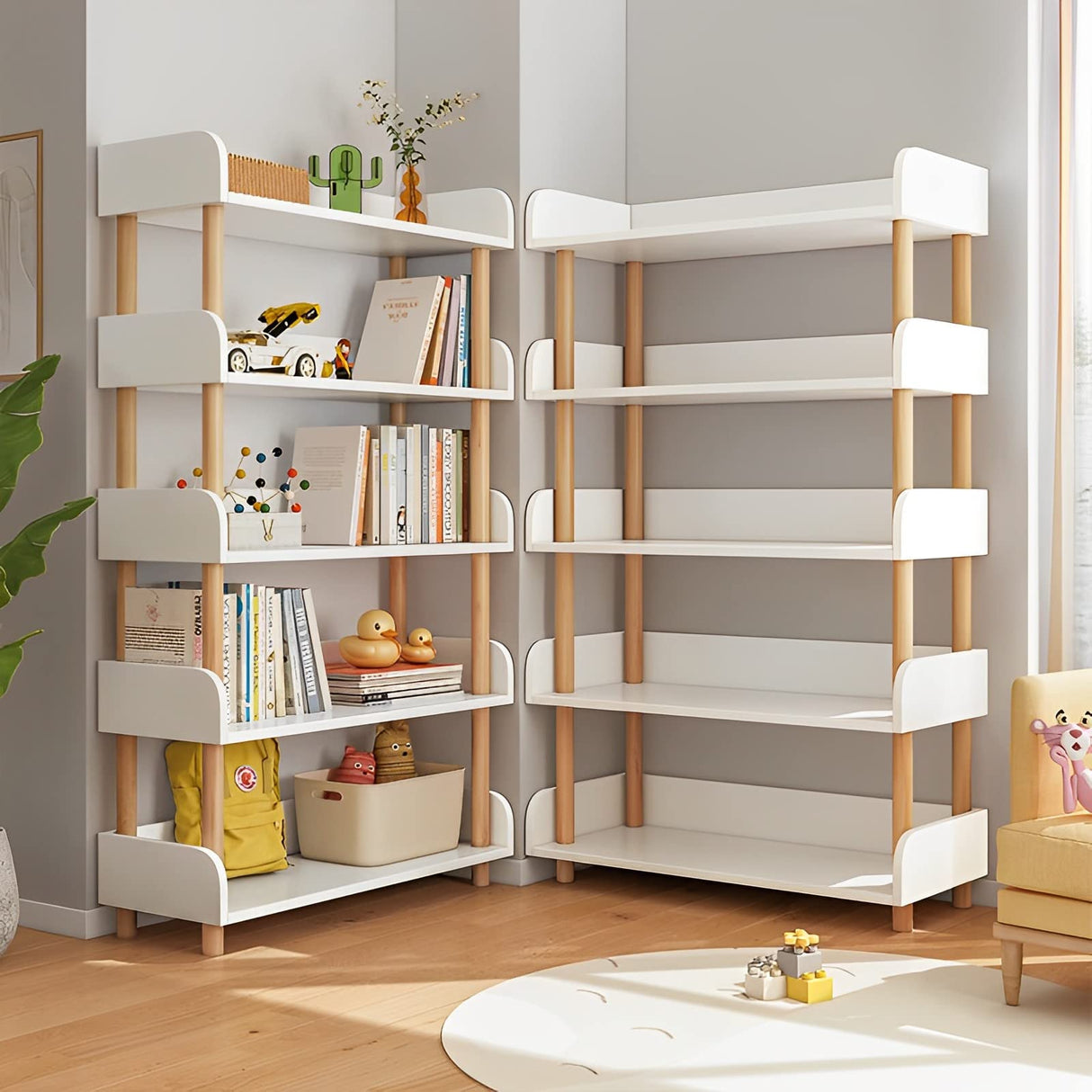 Modern 5-Tier Open Bookcase in Warm White with Solid Wood Frame and Side Panels OSCHF