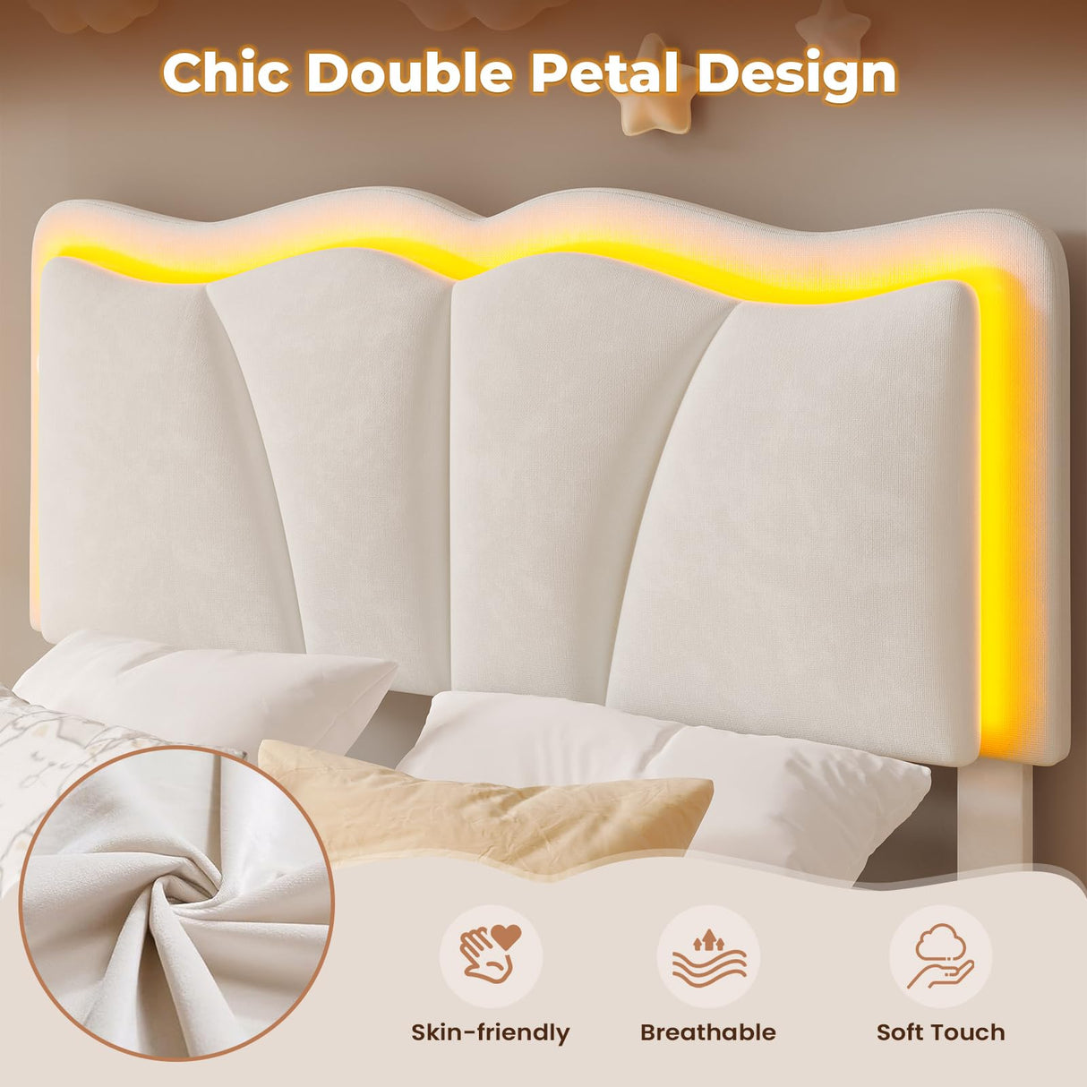 AOGLLATI Twin Bed Frame with 4 Storage Drawers & Charging Station,Upholstered Led Flower Twin Bed with Adjustable Headboard and Strong Wood Slat Support,No Spring Box Needed, Beige AOGLLATI