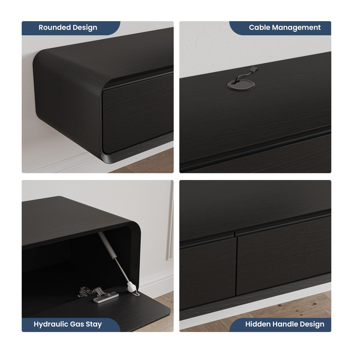 POVISON DONICY Fully-Assembled Minimalist Floating TV Stand, Modern Wall-Mounted Entertainment Center with 3 Drawers, Solid Wood, Black Oak, 78" POVISON DONICY