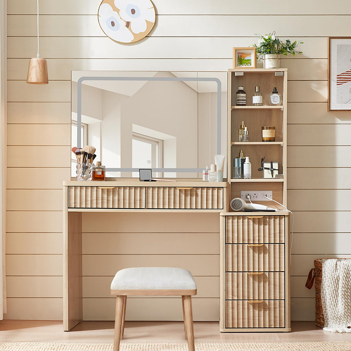 LEYAOYAO Vanity Desk with Mirror and Lights, 43.5'' Fluted Makeup Vanity with 6 Drawers and Adjustable Shelves, Natural Wood Make Up Vanity Dressing Table with Glass Top and Power Outlet for Bedroom LEYAOYAO