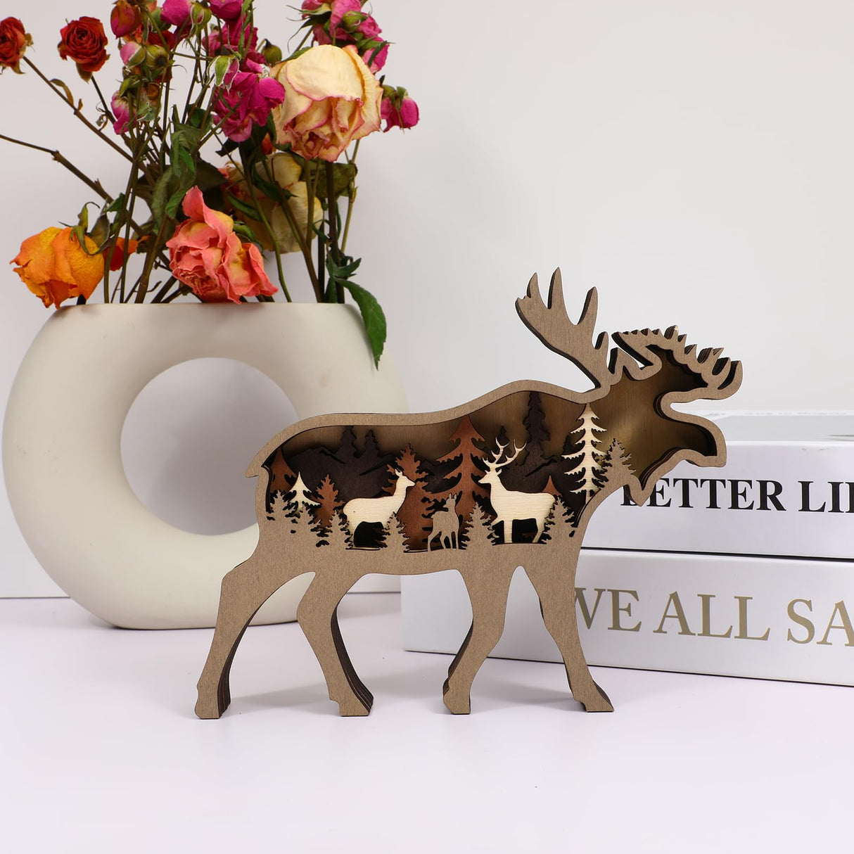 Drawely 3D Wooden Animals Carving, Wood Carving Animals Wall Decor, Modern Festival Forest Sculpture Christmas Living Room Office Decor Birthday Gifts for Friend Daughter Son Mom Dad (Moose) Drawelry