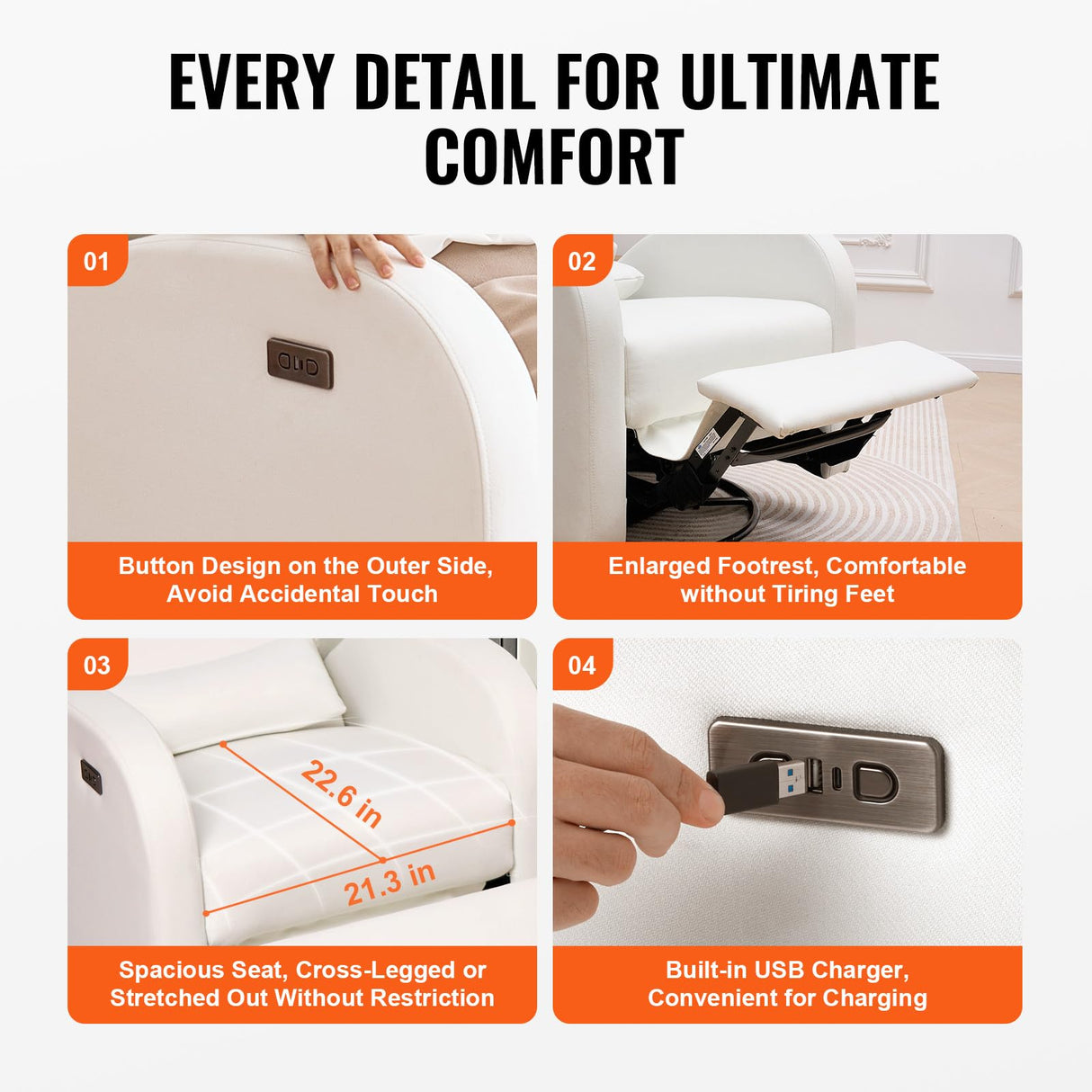 VEVOR Electronic Power Recliner and Swivel Glider, 250 lbs Weight Capacity Swivel Glider Recliner Chair with USB Port, Polyester Surface Swivel Rocker Recliner for Living Room, Bedroom, Off White VEVOR