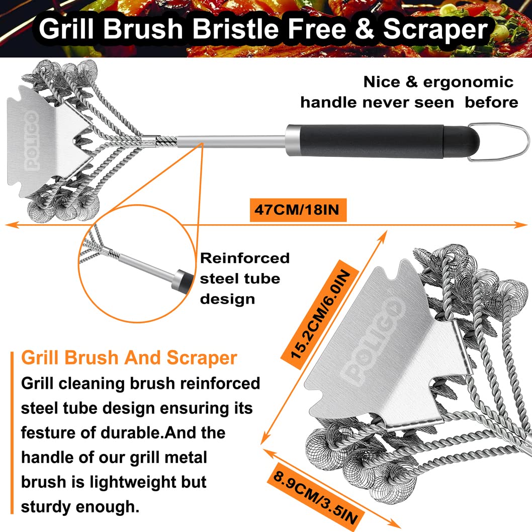 POLIGO 18" Grill Cleaner Brush Safe Grill Brush and Scraper Bristle Free - Stainless Steel BBQ Brush for Grill Cleaning - Wireless Grill Brush with BBQ Scraper for Grill - Gifts for Grill Wizard POLIGO