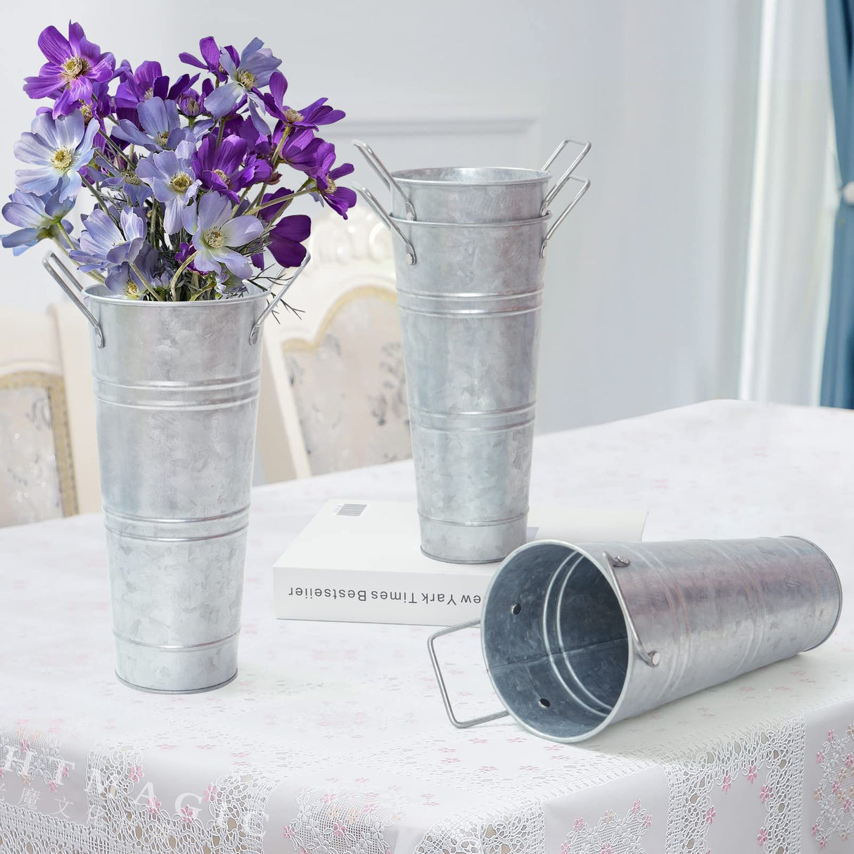 Notakia Galvanized Metal Vases Farmhouse French Flower Bucket Vases for Cut Flowers for Home Decor and Wedding Table Centerpiece Decorations (9.05in Silver 4Pcs) Notakia