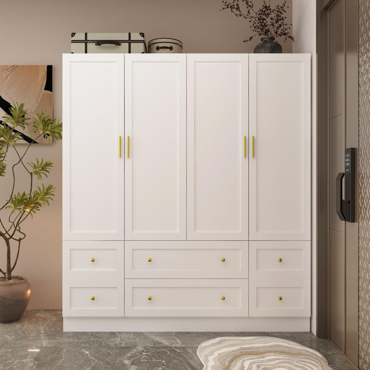 TAMUNE Large Wardrobe Armoire Closet with 4 Doors, White Wardrobe with Hanging Rods and Drawers, Shelf, Bedroom Armoire, Modern Clothes Wardrobes with Gold Handles, 19.7”D x 63”W x 70.9”H TAMUNE