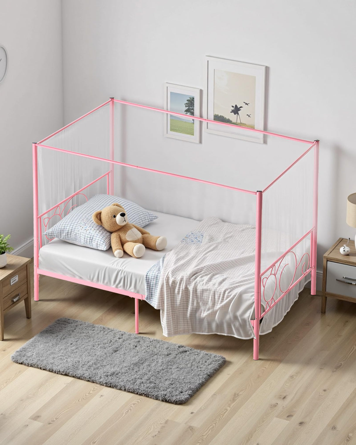 VEVOR Canopy Bed Frame Twin Size, Metal Canopy Bed with Minimalist Headboard & Four Posters Design, Heavy Duty Steel Slats Support, Underbed Storage Space, No Box Spring Needed, Easy Assembly, Pink VEVOR