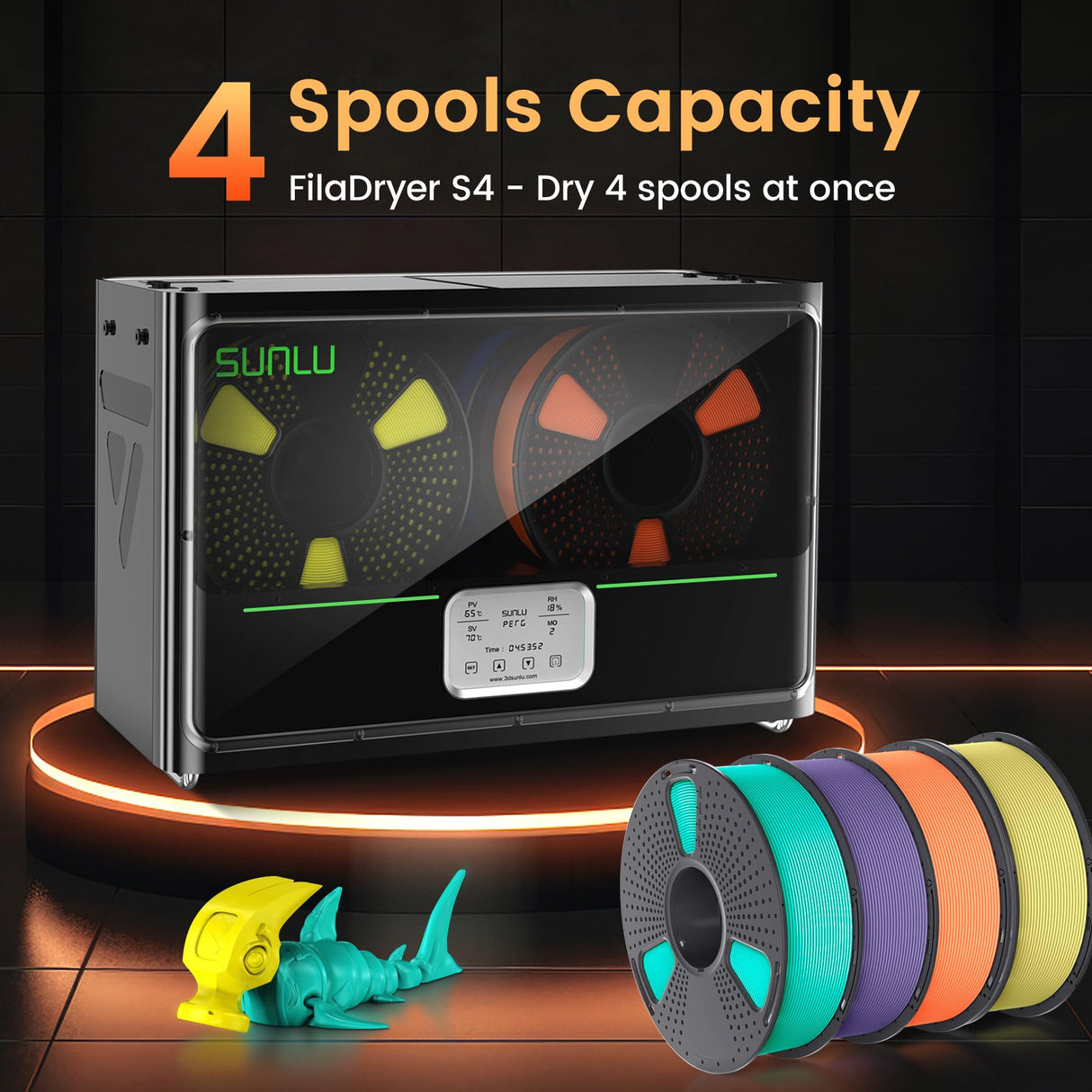 SUNLU Official 3D Printer Filament Dryer S4, 4 Spools Capacity, 3 Circulation Fans, 350W PTC Heater, 70℃ Max Temperature, Power Saving Storage Mode, Nylon TPU PLA PETG ABS Filament Dryer Box, Black SUNLU
