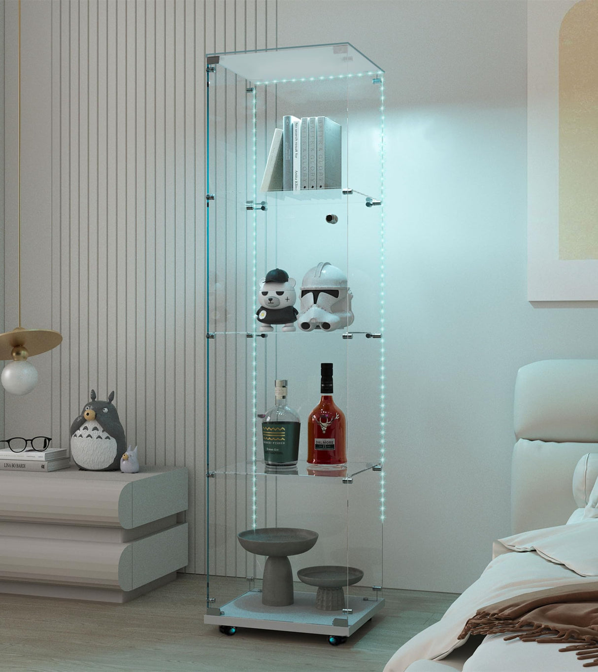 Maotifeys Modern Glass Display Cabinet 4-Shelf with LED Light, Lock and Wheels, 1 Door Curio Cabinets, Tempered Glass Collection Display Showcase for Living Room Home Office,15.6x13.5x65 H,White Maotifeys