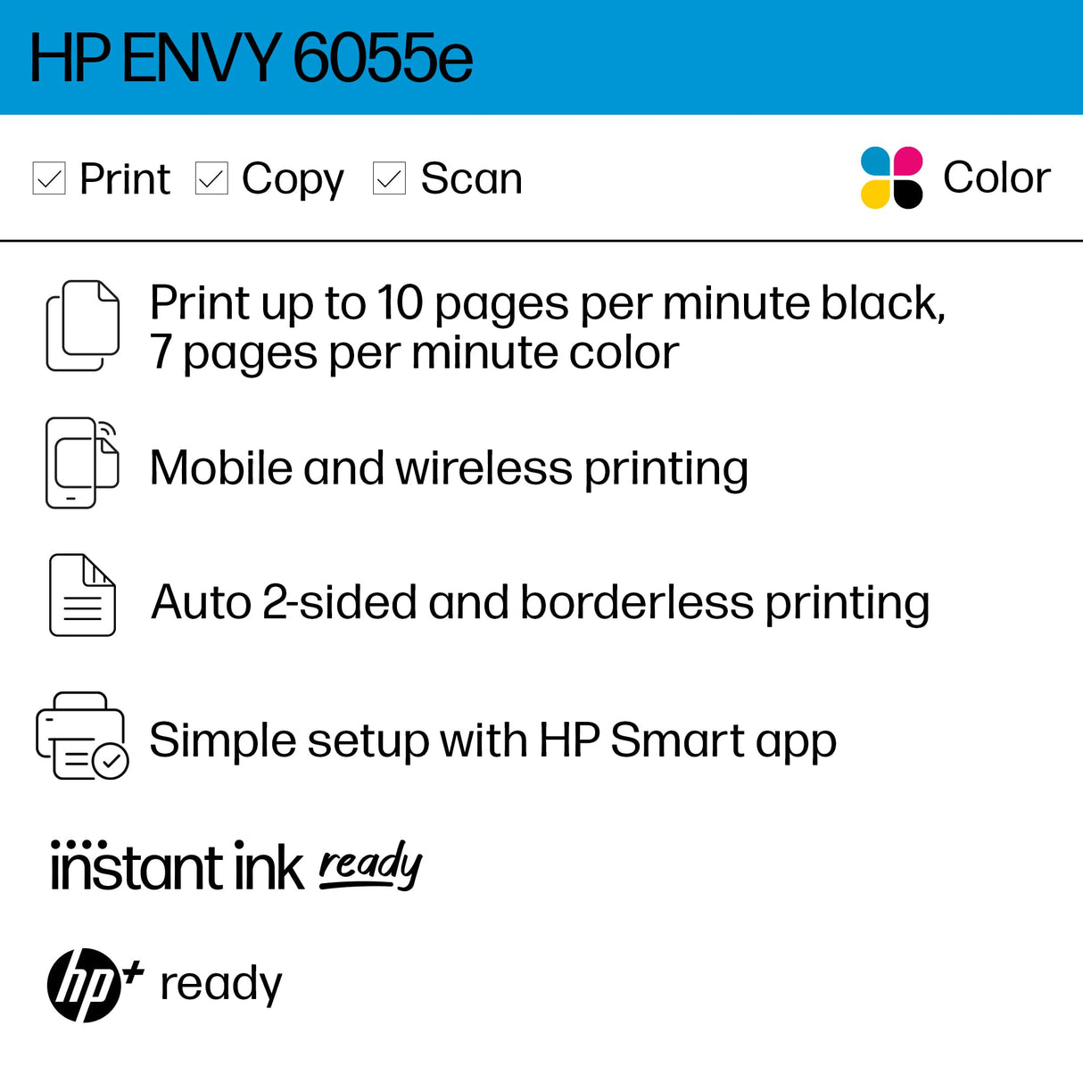 HP ENVY 6055e Wireless Color Inkjet Printer, Print, scan, copy, Easy setup, Mobile printing, Best-for-home, 3 months of Instant Ink included,white HP