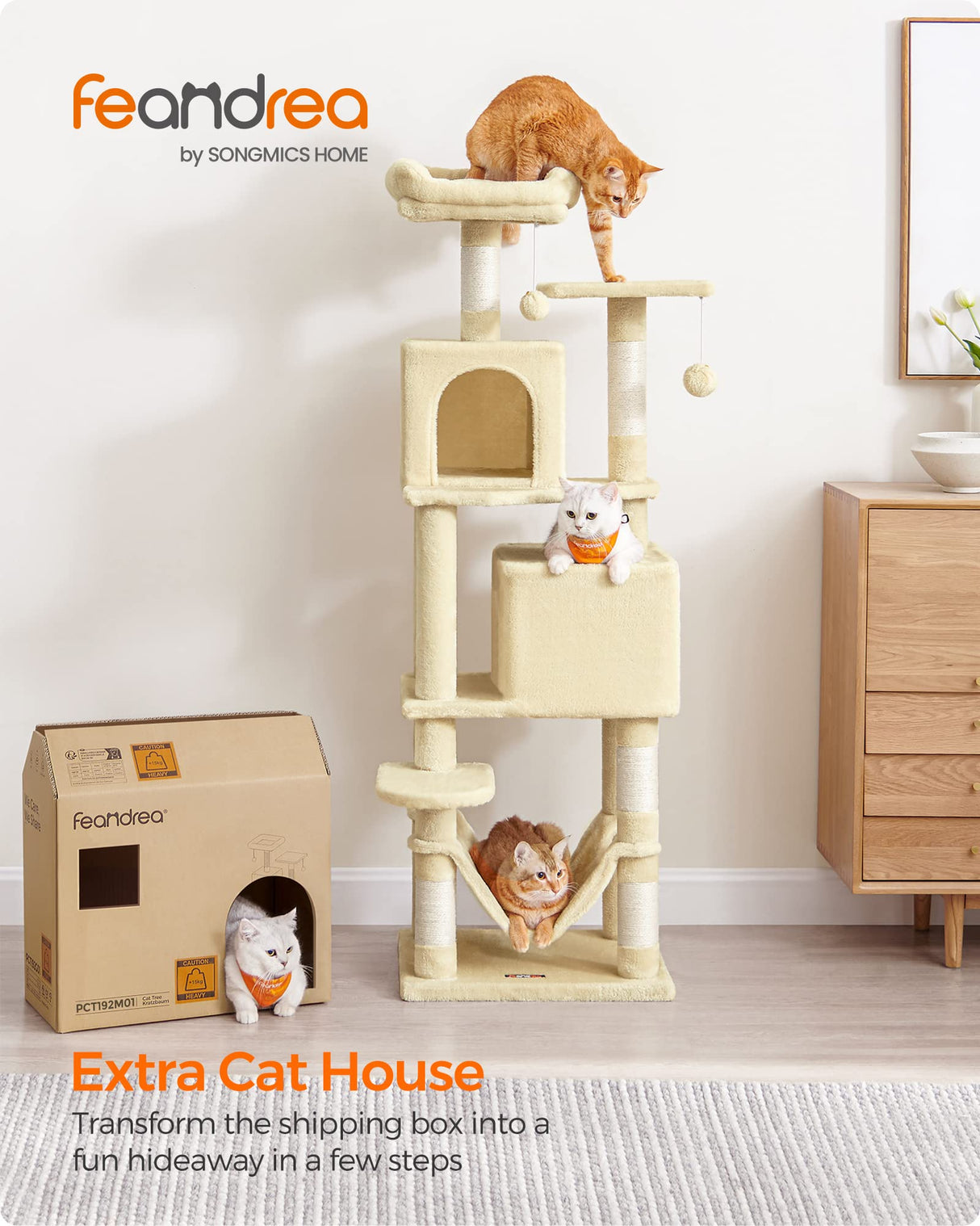 Feandrea Cat Tree, 61-Inch Cat Tower for Indoor Cats, Plush Multi-Level Cat Condo with 5 Scratching Posts, 2 Perches, 2 Caves, Hammock, 2 Pompoms, Beige UPCT192M01 Feandrea