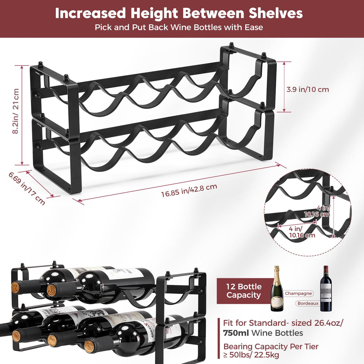 ICOHOT Stackable Wine Rack Countertop, Sturdy Wine Bottle Holder Freestanding for Cabinet, 2 Tier Small Tabletop Wine Holder Stand for Pantry Bar, Wire Wine Bottle Rack Metal Wine Storage Organizers ICOHOT