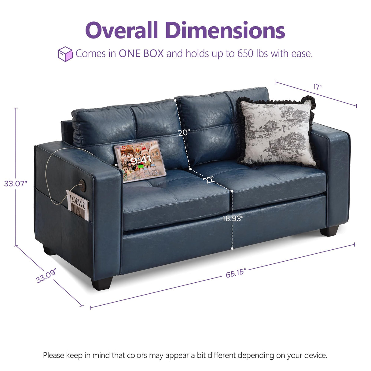 TYBOATLE 65" Blue Faux Leather Loveseat for Bedroom, Mid-Century Modern Tufted Comfy Loveseat w/USB Charging Ports and Wide Arms, 2 Seat Office Small Couch for Small Space TYBOATLE
