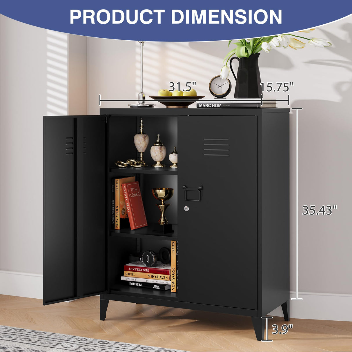 LISSIMO Metal Storage Cabinet,Home Office Cabinet with Doors and Adjustable Shelves,Locking Cabinet with Adjustabl Leg Levelers Assembly Required(Black) LISSIMO