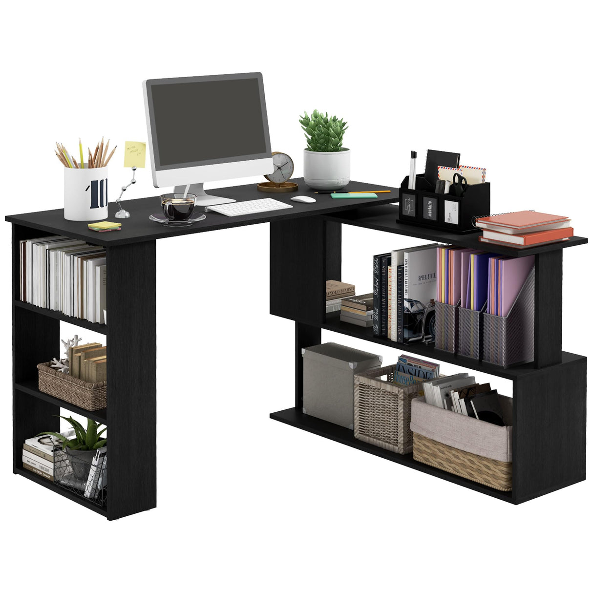 HOMCOM L Shaped Desk, Corner Computer Desk, 360 Degree Rotating Home Office Desk with Storage Shelves, Writing Table Workstation, Black HOMCOM