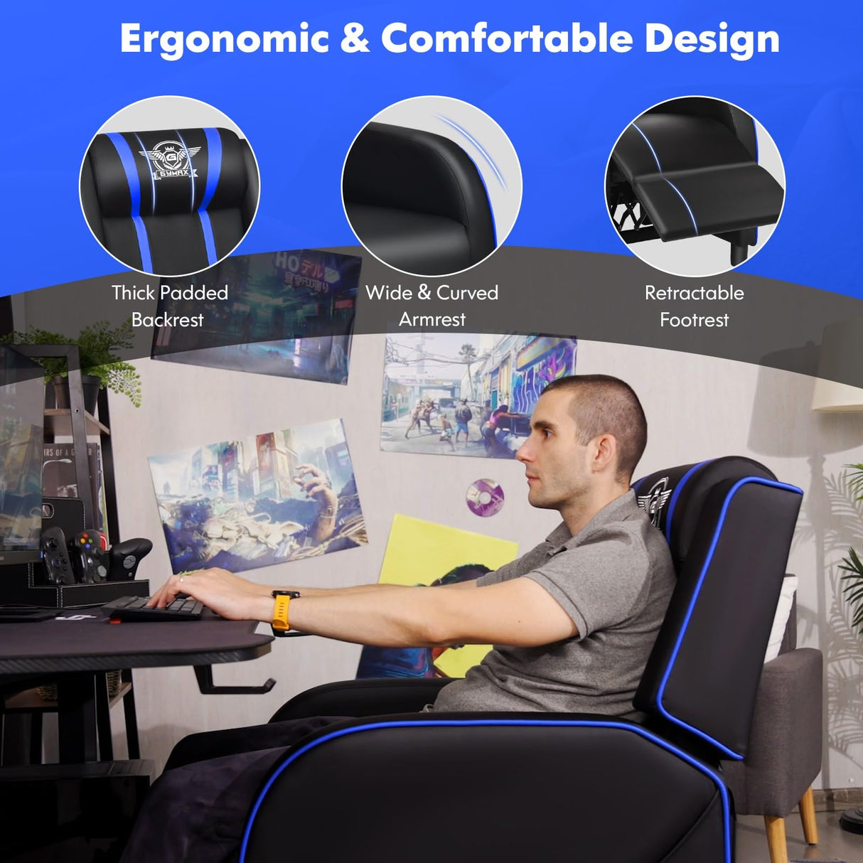 GYMAX Gaming Recliner, Massage Gaming Chair w/Adjustable Footrest, Remote Control & Side Pocket, Ergonomic Game Lounge Chair, Racing Style Single Theater Seat Game Sofa for Adults (Blue) GYMAX
