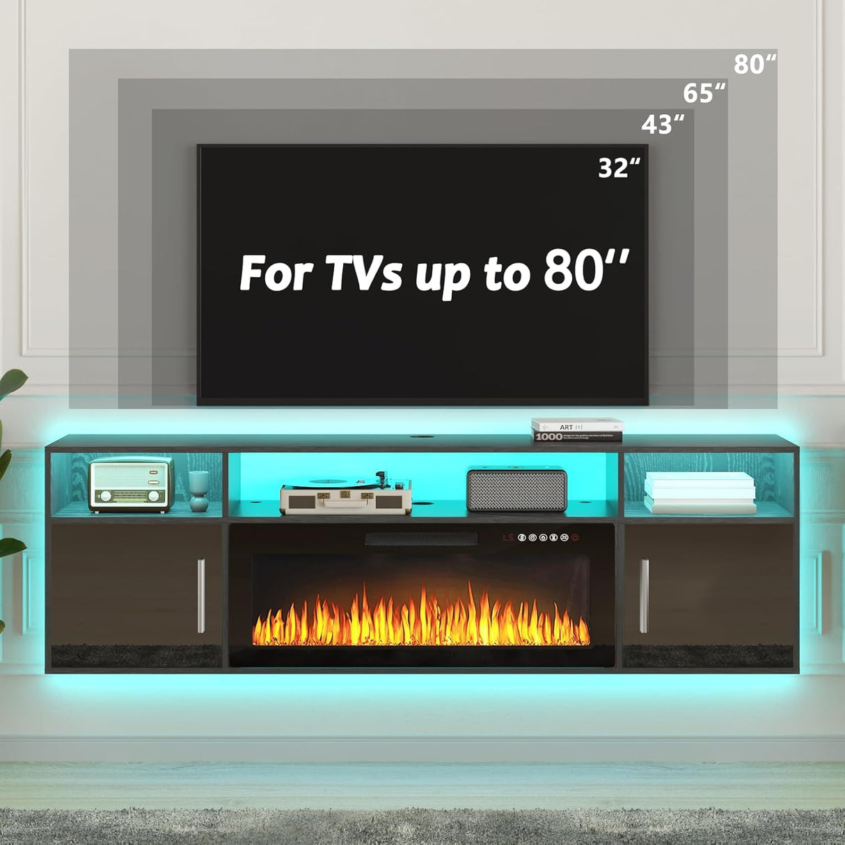 PUKAMI 70" Floating TV Stand with 36" Electric Fireplace,Wall Mounted Fireplace Entertainment Center with LED Lights and Highlight Storage Cabinet for TVs up to 80", for Living Room (Black) PUKAMI