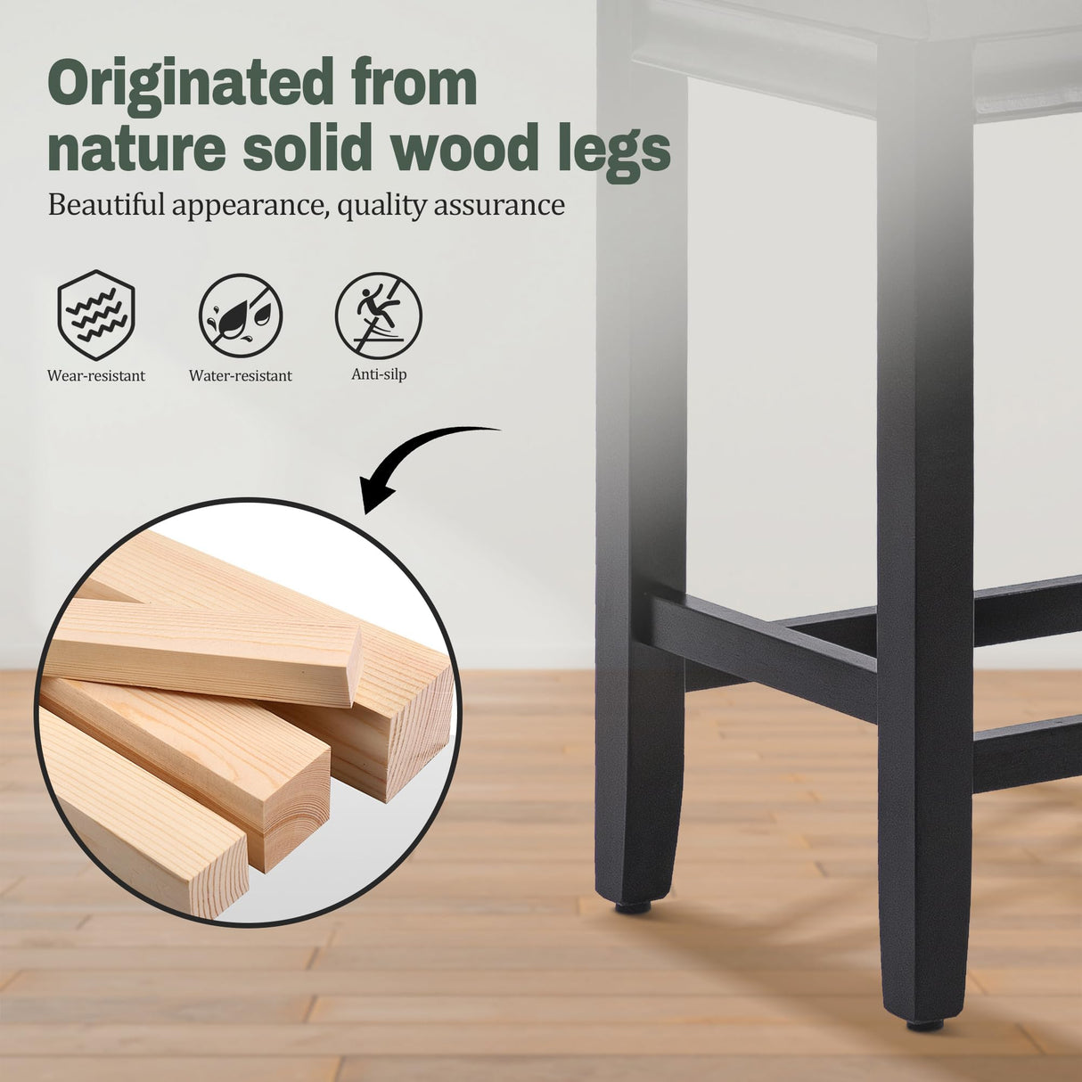 RNKSFX Counter Height Black Bar Stools Set of 3 for Kitchen Counter Farmhouse Modern Barstools with Faux Leather Upholstered Backless Seat and Solid Wood Legs 24 inch Bar Chairs RNKSFX