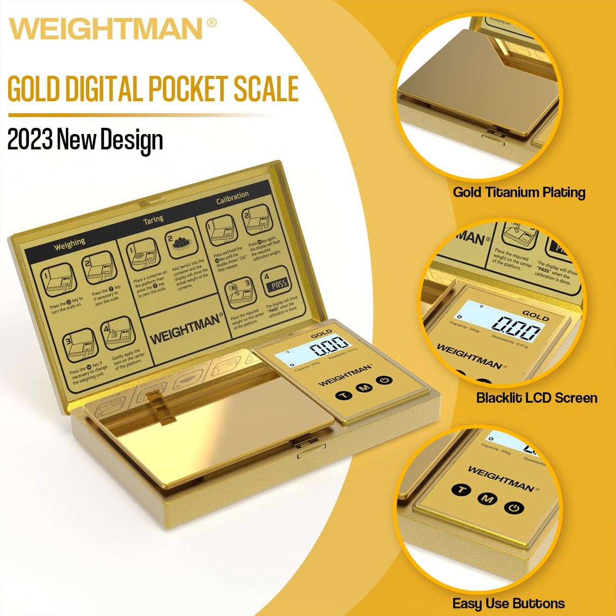 WEIGHTMAN Digital Scale Gram, 200g/0.01g Pocket Scale Gold Titanium Plating, LCD Backlit Display, Mini Jewelry Scale with 6 Units, Auto Off, Tare Function for Food, Coins, Battery Included WEIGHTMAN