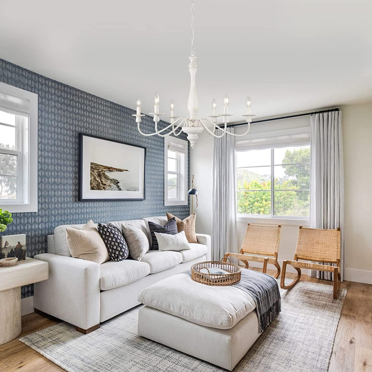 YCZHCC White Farmhouse Chandelier, 6 Lights French Country Chandeliers for Dining Room lighting fixtures, Rustic Wood Hanging Candle Pendant Light for Kitchen Island Entryway Foyer Living Room Bedroom YCZHCC