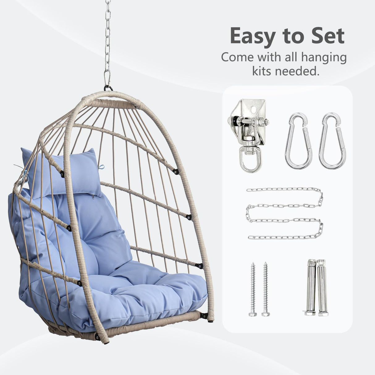 Hanging Egg Chair Without Stand, HDPE Rattan Foldable Swing Chair with Aluminum Frame & UV Resistant Cushion, Hammock Egg Basket for Indoor Outdoor Bedroom Garden, 350Lbs Capacity (Blue) DAIJIA CHINA