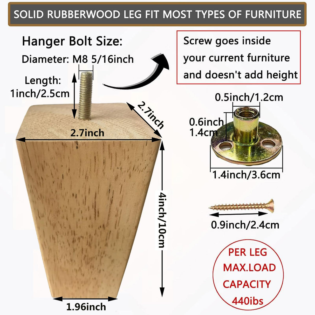 Furniture Legs Sofa Couch Leg Replacement Parts Table Feet Solid Wood Replace Legs 4 inch DIY for Desk Cabinet Bench Dresser Loveseat Chair Ottoman Bookcase Trapezoid Set of 4 (4 inch, Log stain) ANJUREN