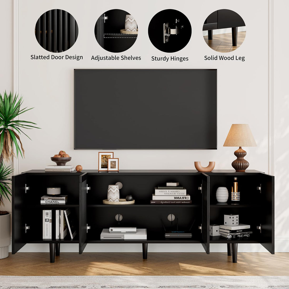ROMMAK Boho TV Stand for 55-65 Inch TV, 4 Doors, Entertainment Center with Adjustable Shelf, TV Console with 4 Cabinets, Media Console, Solid Wood Feet, Cord Holes for Living Room, Bedroom, Black ROMMAK