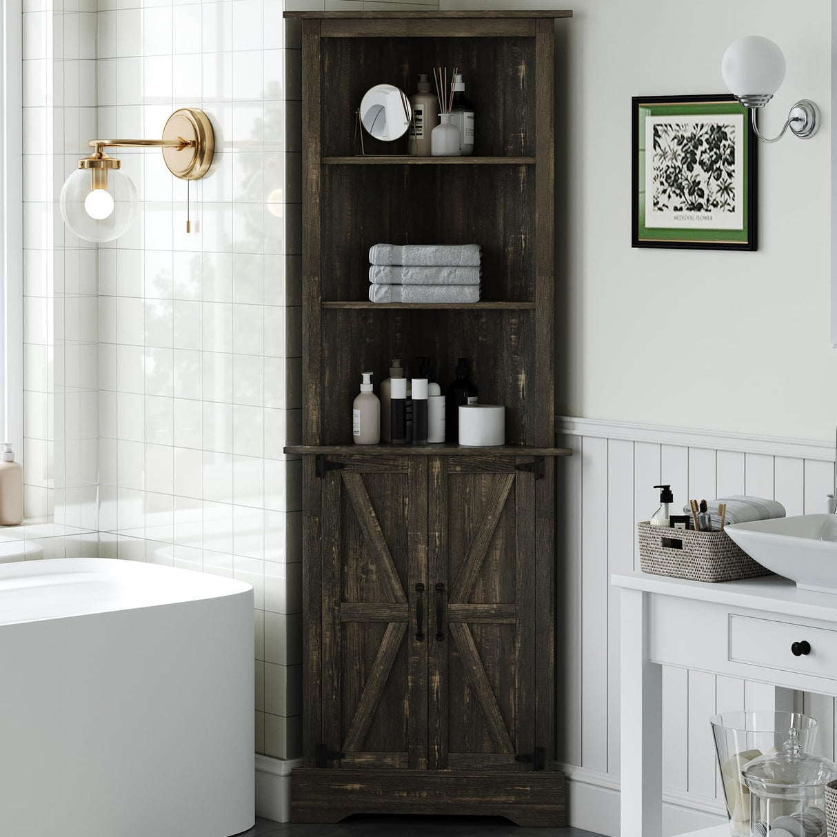 4 EVER WINNER Tall Corner Cabinet with Barn Doors, 5-Tier Farmhouse Storage Cabinet with Adjustable Shelves for Corner, Home Space Saver for Living Room, Bathroom, Hallway, Rustic Oak 4 EVER WINNER