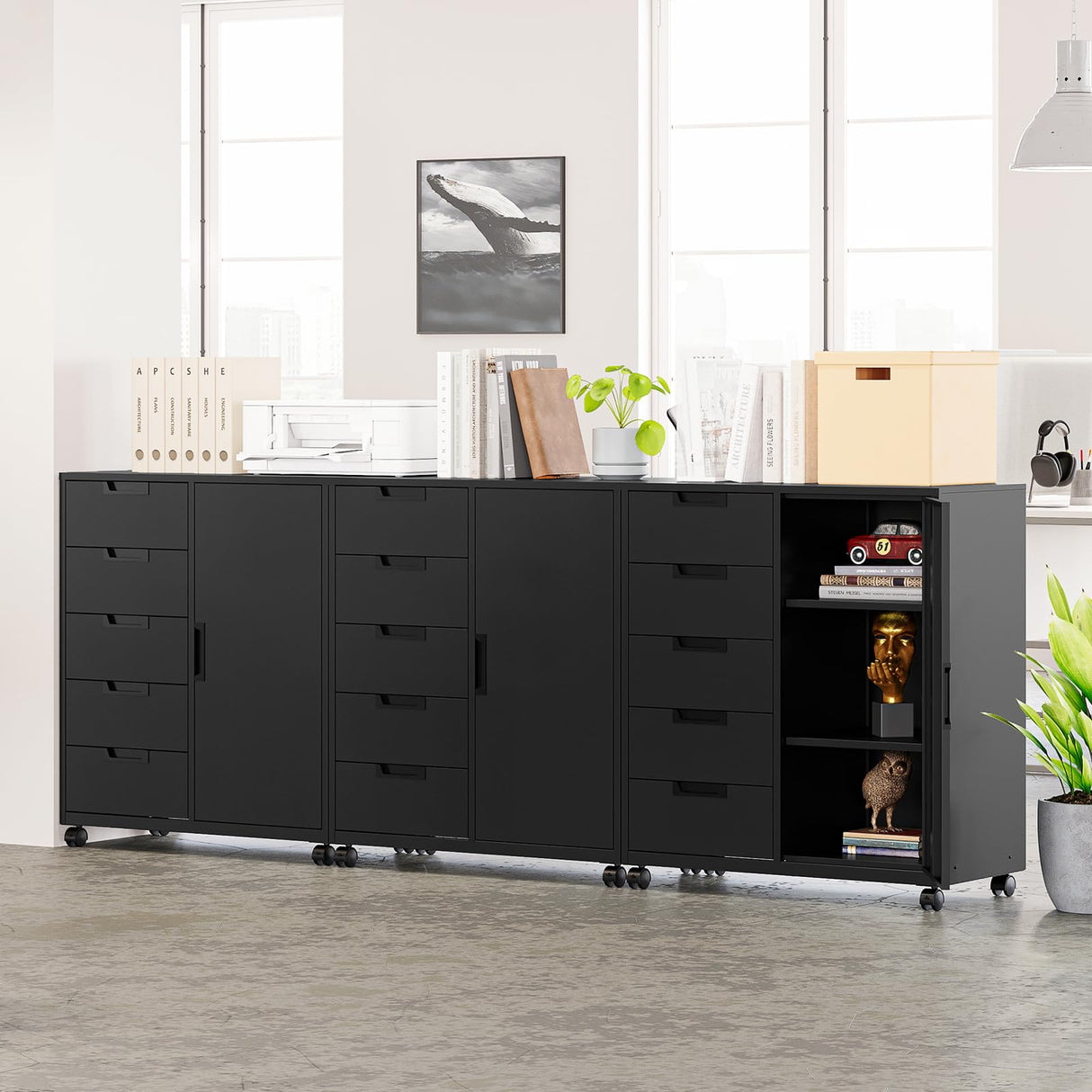 MIIIKO 5 Drawer Storage Cabinet with Door and Shelf, Mobile Lateral Cabinet on Wheels, Home Office Small Cabinet Organizer Printer Stand, Black File Cabinets MIIIKO