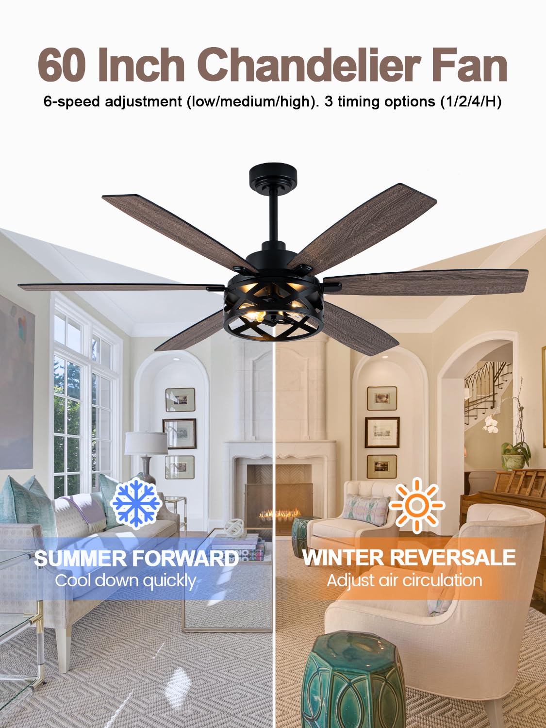 Curve Curio 60 Inch Farmhouse Ceiling Fan with Light and Remote Black Rustic Ceiling Fan Quiet and Reversible DC Motor Caged Chandelier Fan for Living Room Bedroom Curve Curio