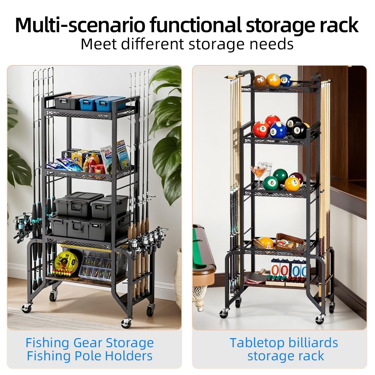 ZERTNROW Fishing Gear Storage Fishing Pole Holders for Garage- Rod Holder up to 10 Rods with Wheels and 4 layer of large capacity Shelf,Fishing Organizer for Large Tackle Box -Fishing Gear Storage ZERTNROW