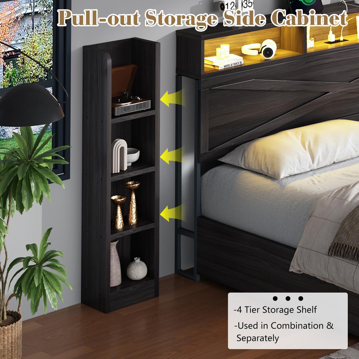 LUXOAK Queen Size Lift Up Bed Frame with Bookcase Headboard & 2 Side Shelf, Farmhouse Storage Bed with LED Light and Charging Station, No Box Spring Needed, Noise-Free, Black Oak LUXOAK