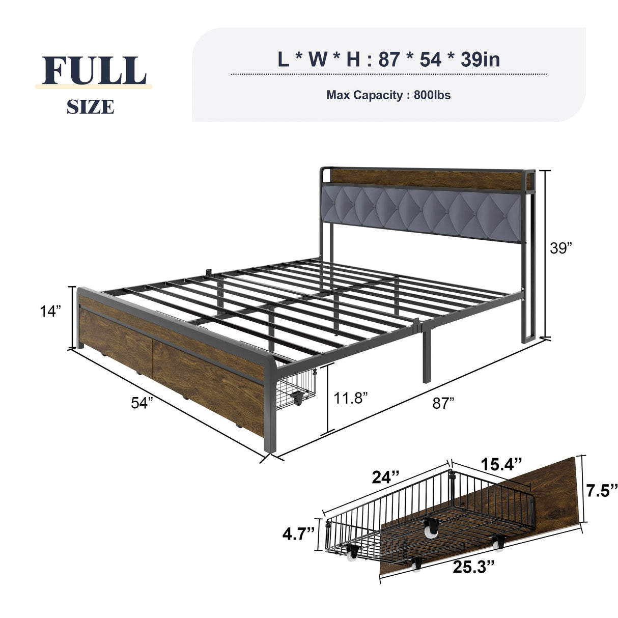 HAOARA Full Size Metal Platform Bed Frame with 2 Storage Drawers & LED Light, Velvet Button-Tufted Headboard with Outlet & USB Charging Port, Heavy Duty, Brown Wooden Panel, No Box Spring Needed HAOARA