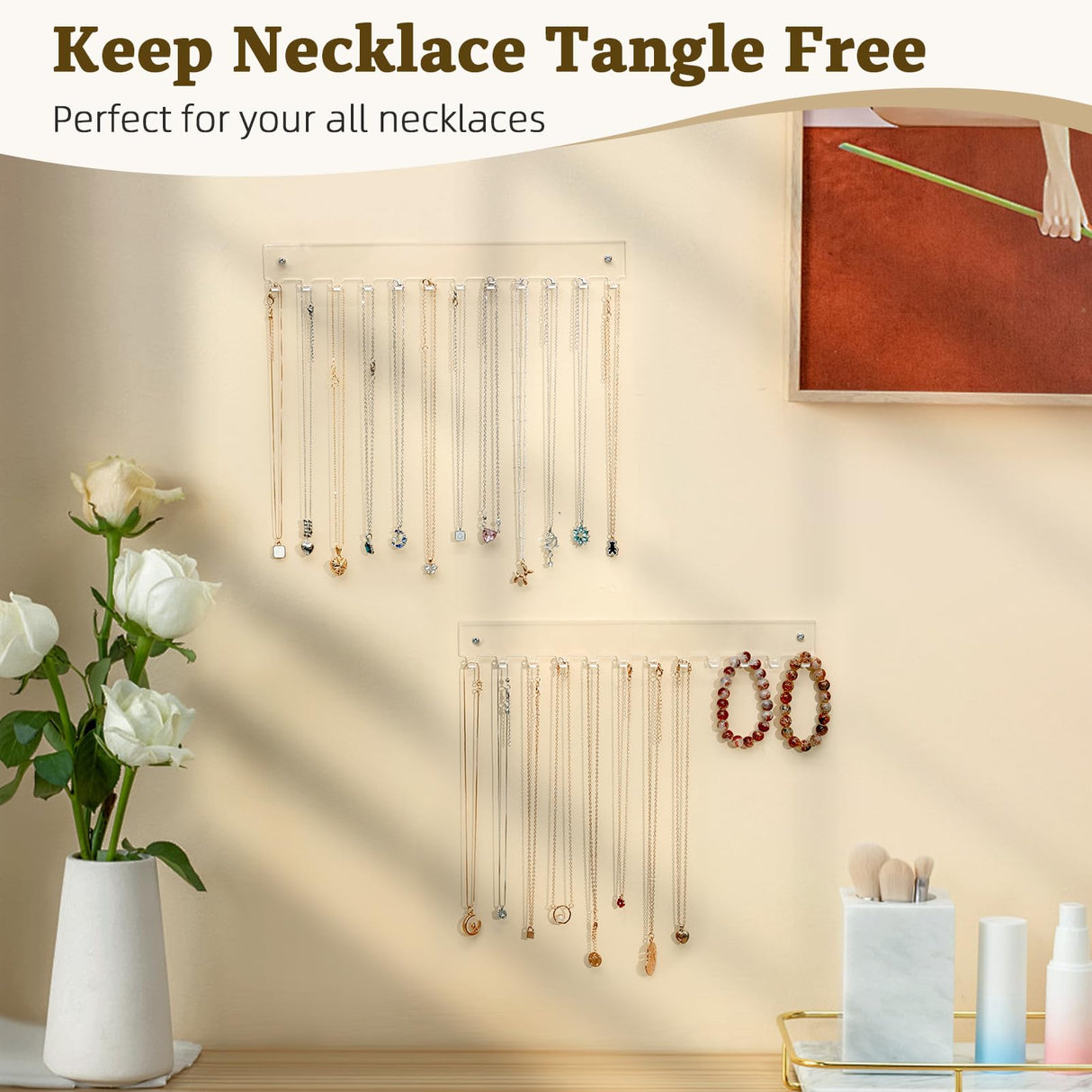 milylove Acrylic Necklace Holder 2 Pack Wall Mounted Necklace Organizer Hanging Jewelry Organizer with 12 Hooks for Necklaces, Bracelets, Rings and Bangles Display milylove