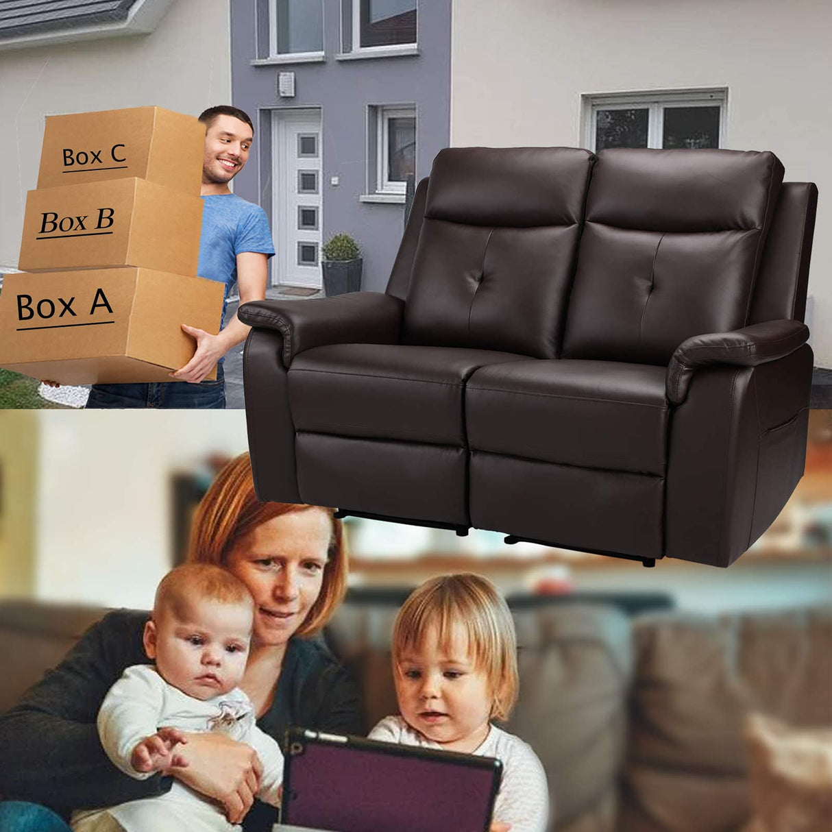 VUYUYU 2 Seater Recliner Sofa - Double Reclining Loveseat with Massage & Heating - PU Leather Home Theater Seating Manual Recliner Motion Living Room Chair (Brown) VUYUYU