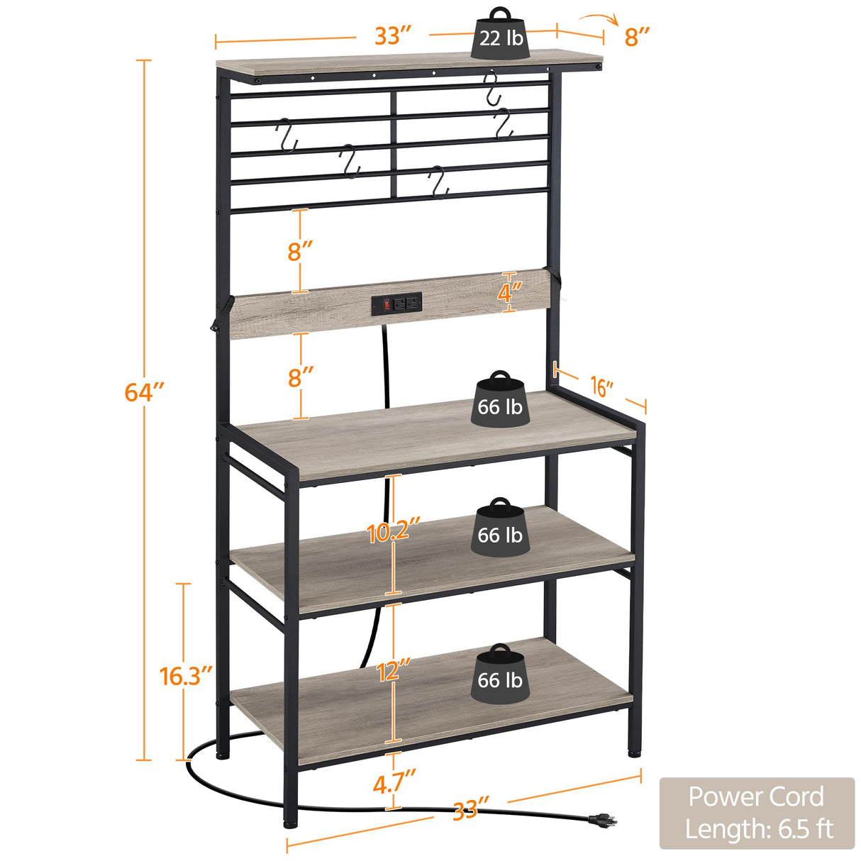 Yaheetech Bakers Rack with Power Outlet, Coffee Bar Station with 5 S-Hooks, 33 Inches Kitchen Storage Shelf Rack for Spices, Pots and Pans, Microwave Stand for Dinning Room/Living Room, Gray Yaheetech