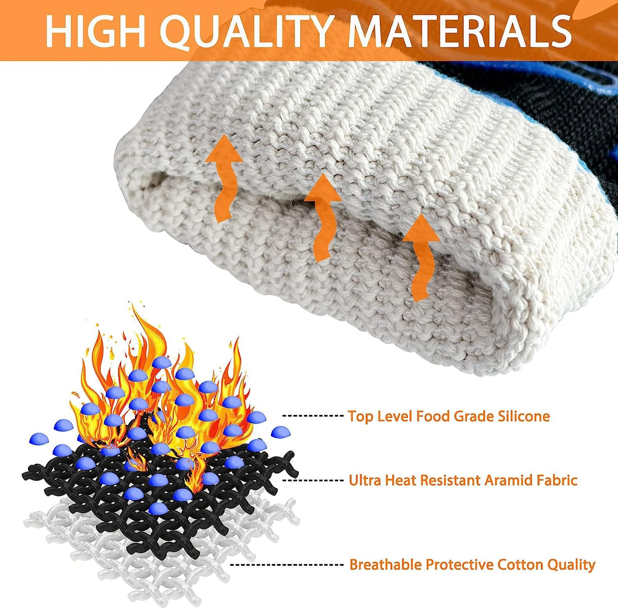 1472°F Extreme BBQ Gloves Grill Gloves Oven Safety Gloves, Cut Resistant BBQ Gloves with Non-Slip Silicone for Grilling, Frying, Baking, Fireplace, Cooking (2 pieces set) (Black Strips Long) HIGHLOONG