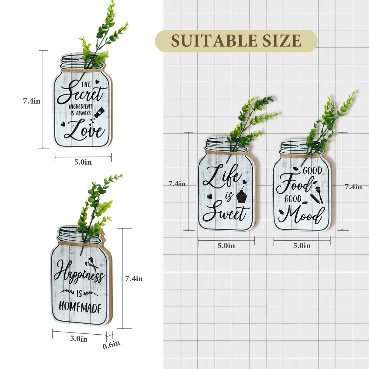 Bnesi Kitchen Wall Decor,Rustic Farmhouse Decorations,4 Pcs Mason Jar Wooden Rustic Kitchen Decor for Wall (beige) Bnesi