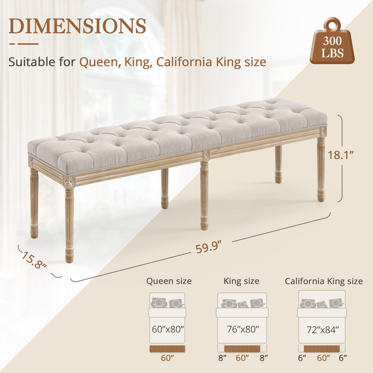 LUE BONA 60" Bedroom Bench, Vintage French Tufted End of Bed Bench, Upholstered Fabric Ottoman Bench with Carved Wood Legs for Bedroom,Dining Bench Piano Stool for Living Room,Foyer, Linen LUE BONA