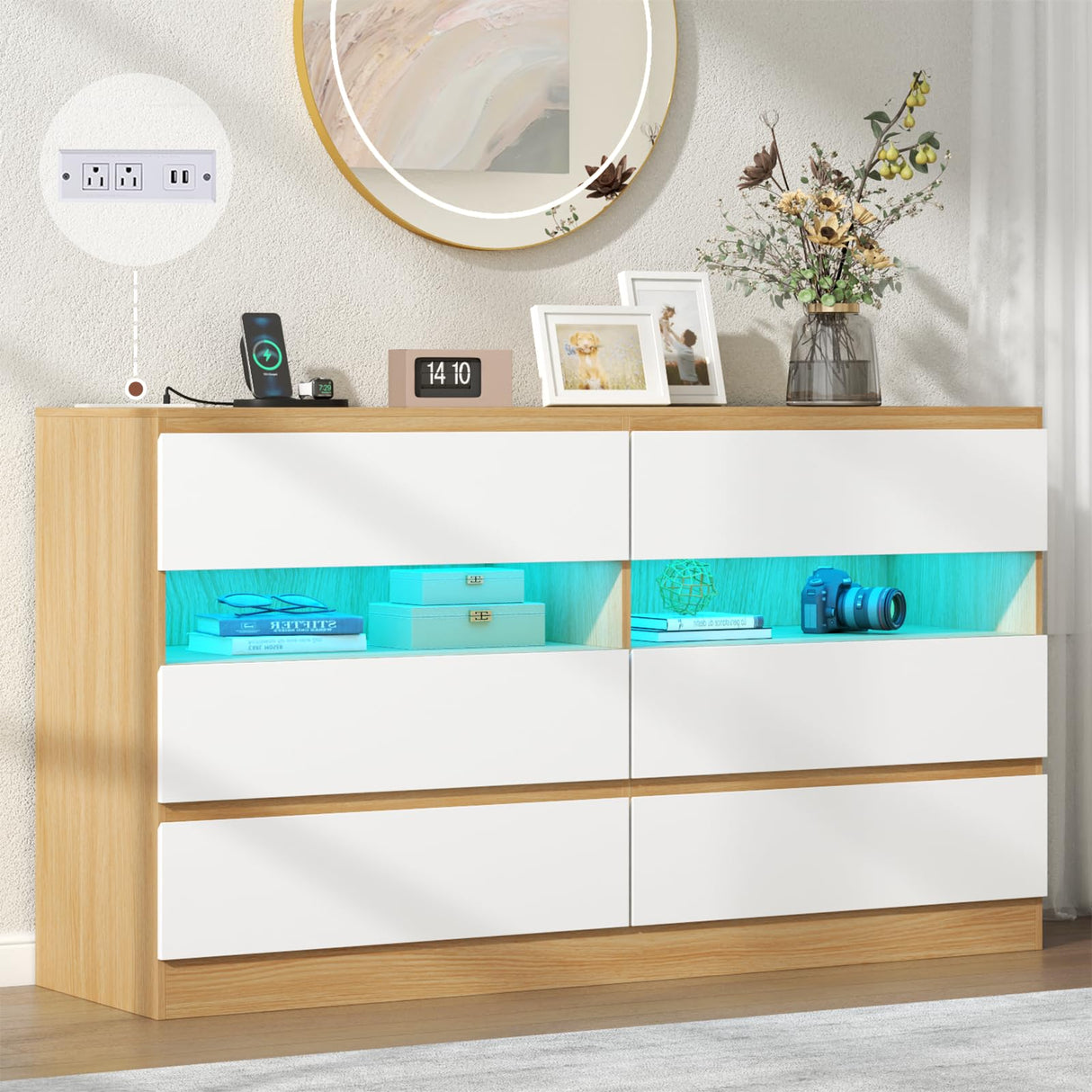Loomie 6 Drawer Dresser with Power Outlet, Modern Chest of Drawers with LED Light, Dresser for Bedroom, Double Wide Drawer Dresser Organizer Cabinet for Living Room,Entryway (White & Light Wood) Loomie