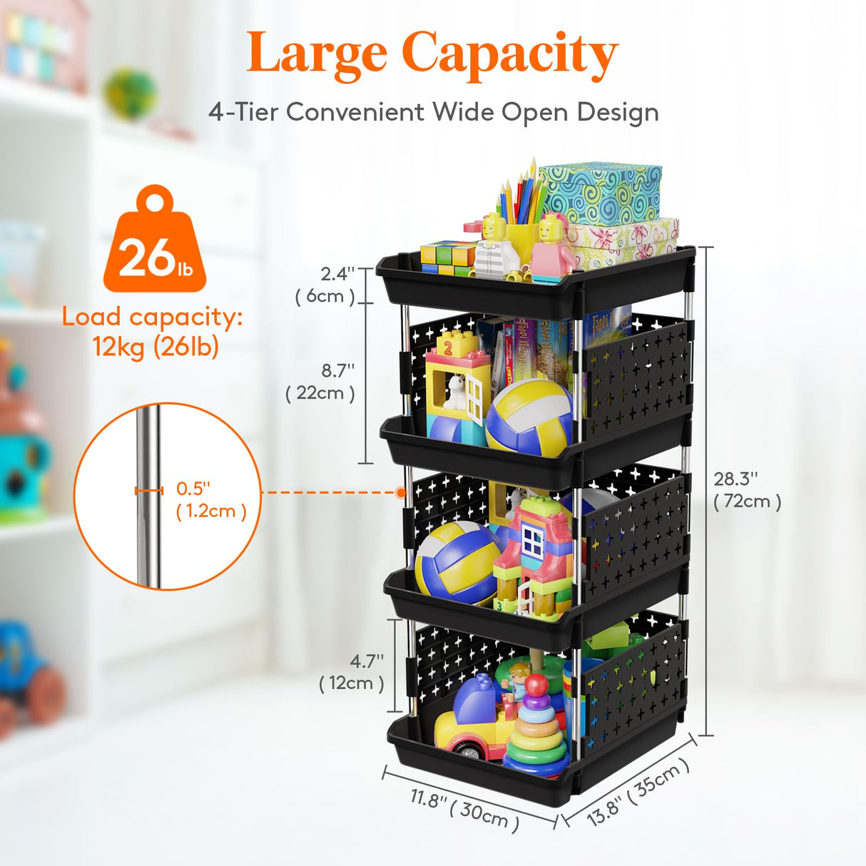 Lifewit Plastic Stackable Storage Baskets, 4 Tier Stacking Bins 13.8"D x 11.8"W x 28.3"H, Large Capacity Multi-Functional Containers Shelves for Pantry, Playroom, Kitchen and Bedroom, 1 Pack, Black Lifewit